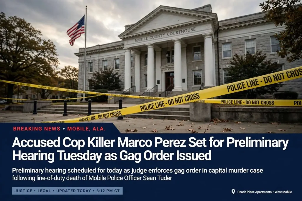 Illustration for the news story: Accused Cop Killer Marco Perez Set for Preliminary Hearing Tuesday as Gag Order Issued