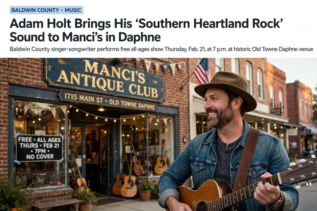 Illustration for the news story: Adam Holt Brings His ‘Southern Heartland Rock’ Sound to Manci’s in Daphne