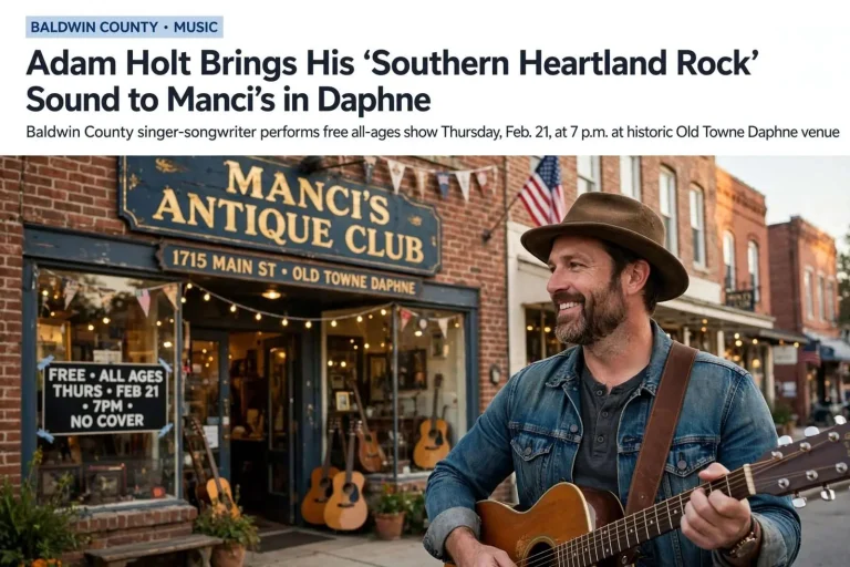 Illustration for the news story: Adam Holt Brings His ‘Southern Heartland Rock’ Sound to Manci’s in Daphne