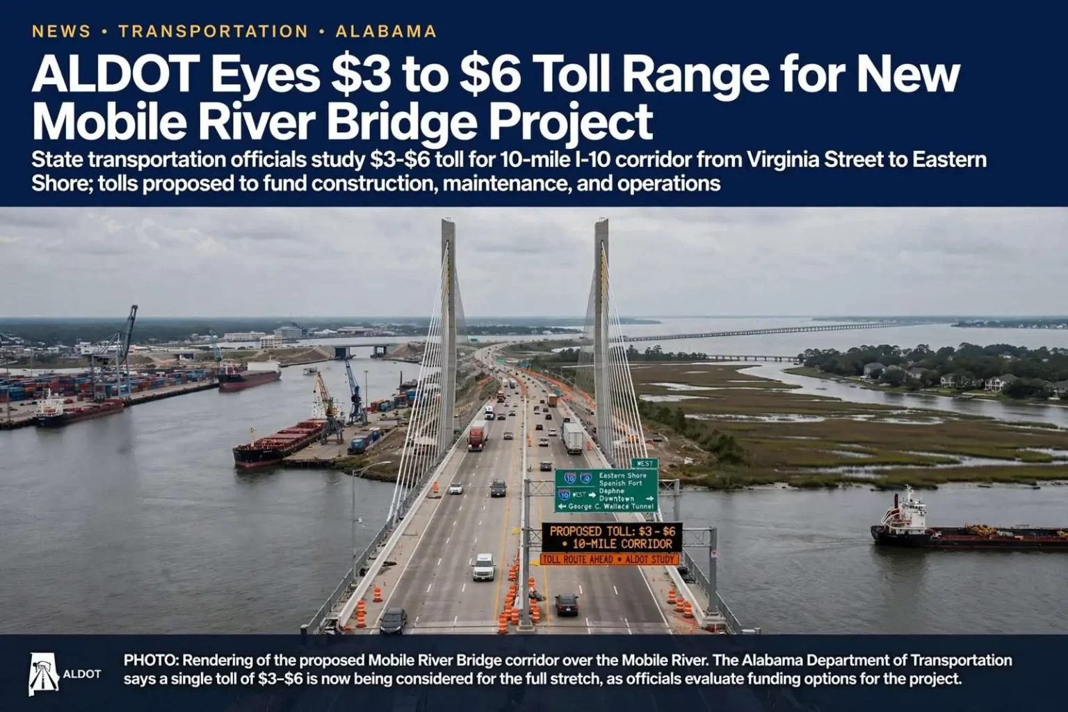 Illustration for the news story: ALDOT Eyes $3 to $6 Toll Range for New Mobile River Bridge Project