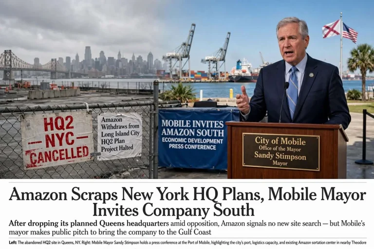 Illustration for the news story: Amazon Scraps New York HQ Plans, Mobile Mayor Invites Company South