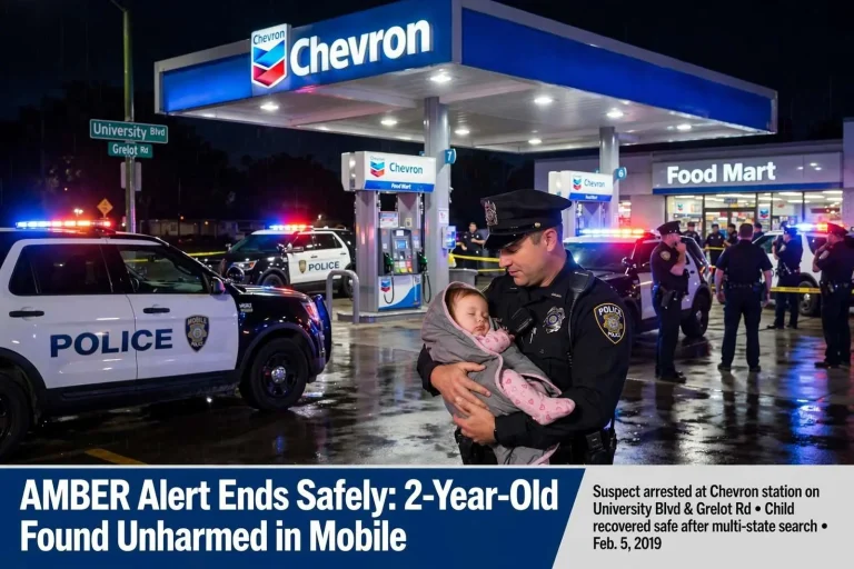 Illustration for the news story: AMBER Alert Ends Safely: Mobile Police Take Murder Suspect Into Custody, 2-Year-Old Found Unharmed