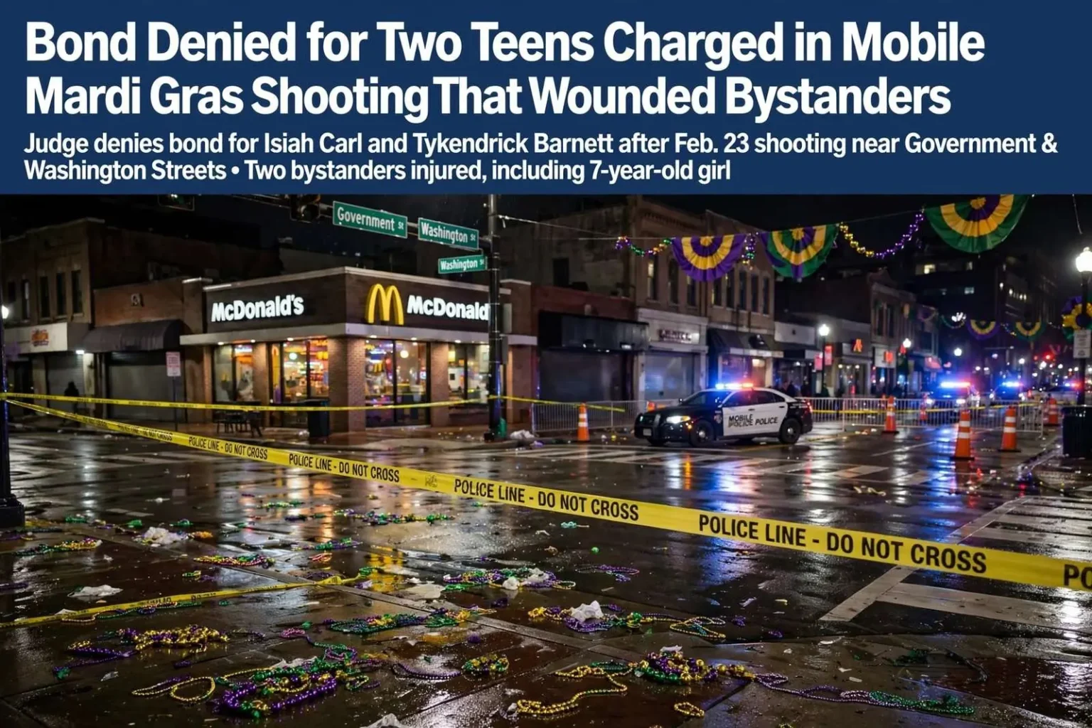 Illustration for the news story: Bond Denied for Two Teens Charged in Mobile Mardi Gras Shooting That Wounded Bystanders