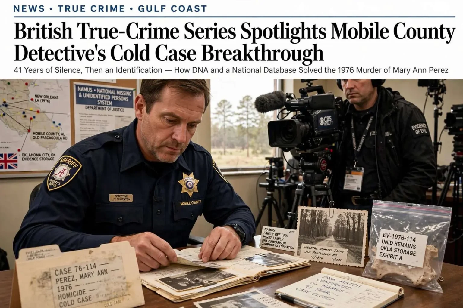 Illustration for the news story: British True-Crime Series Spotlights Mobile County Detective’s Cold Case Breakthrough