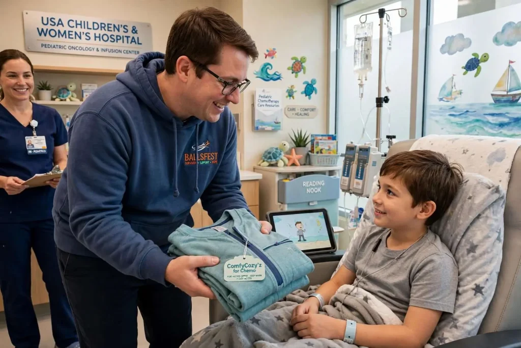 Illustration for the news story: Cancer Survivor Brings Port-Friendly ‘ComfyCozy’z’ Shirts to Young Chemo Patients in Mobile