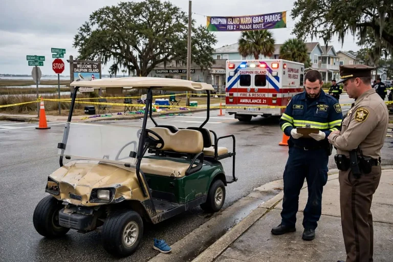 Illustration for the news story: Child Suffers Broken Leg After Being Struck by Golf Cart Near Dauphin Island Parade Route
