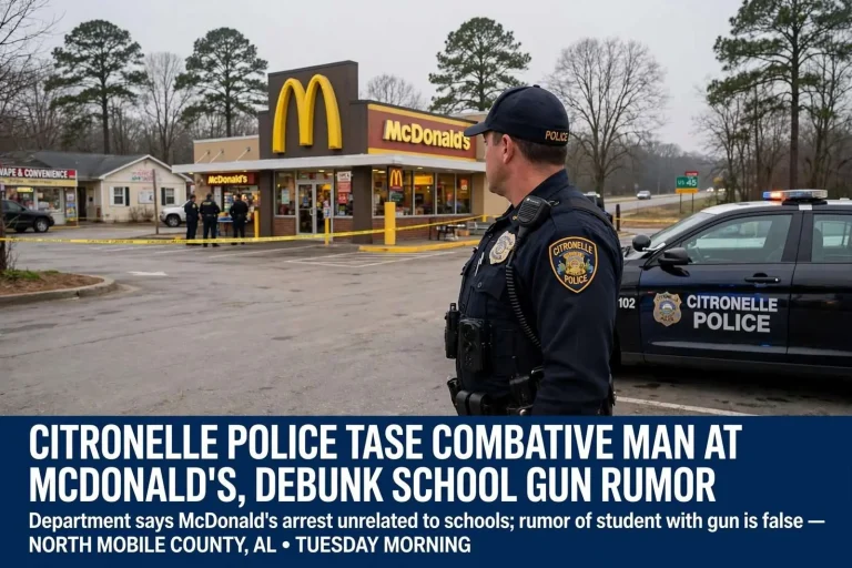 Illustration for the news story: Citronelle Police Tase Combative Man at McDonald’s, Debunk School Gun Rumor