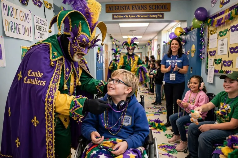Illustration for the news story: Conde Cavaliers Bring the Parade to Students Who Can’t Make It to Mardi Gras