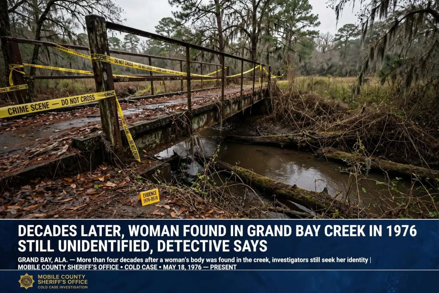 Illustration for the news story: Decades Later, Woman Found in Grand Bay Creek in 1976 Still Unidentified, Detective Says