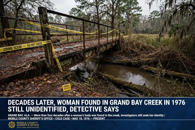 Illustration for the news story: Decades Later, Woman Found in Grand Bay Creek in 1976 Still Unidentified, Detective Says