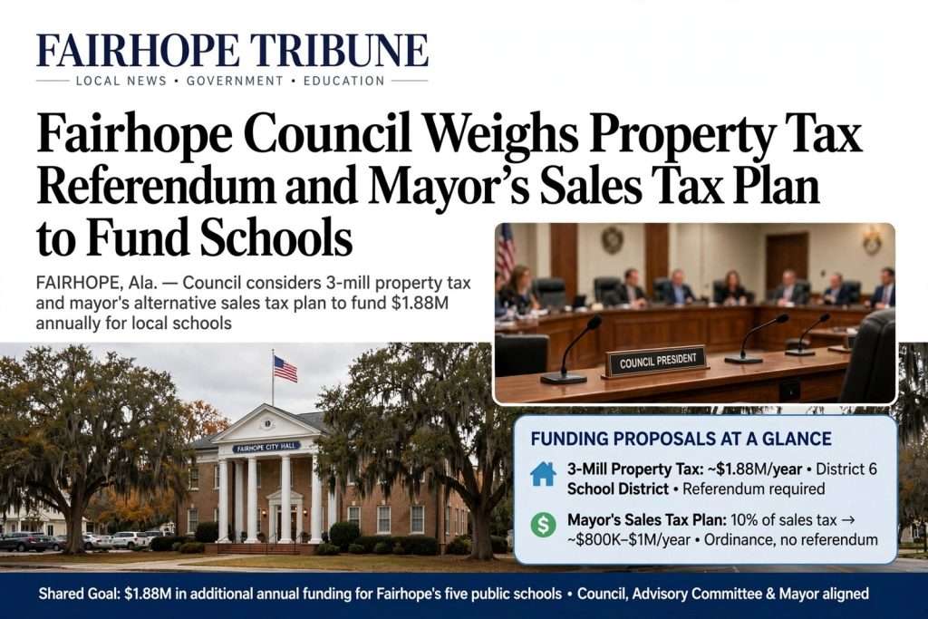 Illustration for the news story: Fairhope Council Weighs Property Tax Referendum and Mayor’s Sales Tax Plan to Fund Schools