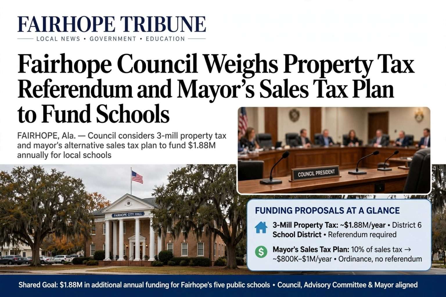 Illustration for the news story: Fairhope Council Weighs Property Tax Referendum and Mayor’s Sales Tax Plan to Fund Schools