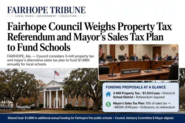 Illustration for the news story: Fairhope Council Weighs Property Tax Referendum and Mayor’s Sales Tax Plan to Fund Schools