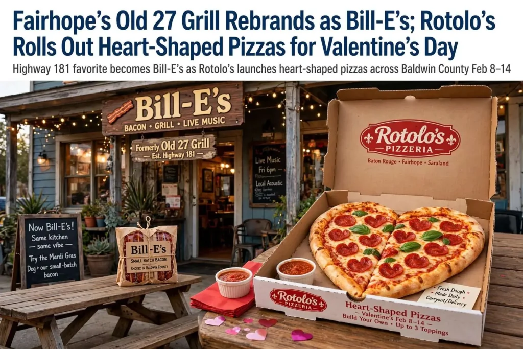 Illustration for the news story: Fairhope’s Old 27 Grill Rebrands as Bill-E’s; Rotolo’s Rolls Out Heart-Shaped Pizzas for Valentine’s Day