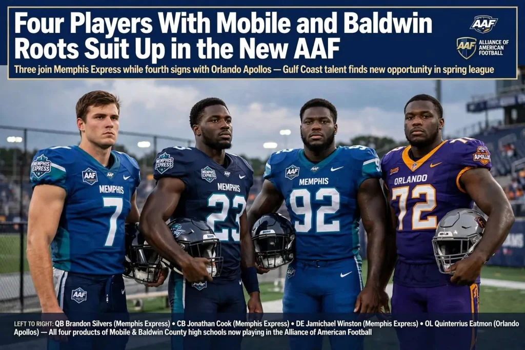 Illustration for the news story: Four Players With Mobile and Baldwin Roots Suit Up in the New AAF