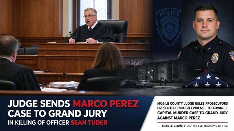 Illustration for the news story: Judge Sends Marco Perez Case to Grand Jury in Killing of Officer Sean Tuder