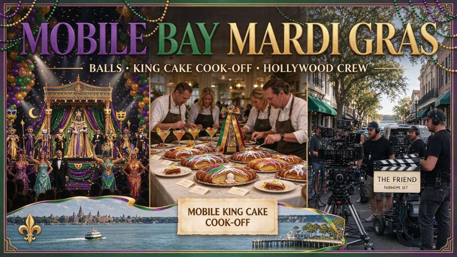 Illustration for the news story: Mardi Gras Balls, a King Cake Cook-Off and a Hollywood Film Crew Give Mobile Bay Plenty to Talk About