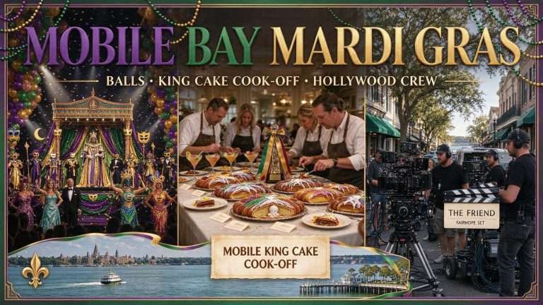 Illustration for the news story: Mardi Gras Balls, a King Cake Cook-Off and a Hollywood Film Crew Give Mobile Bay Plenty to Talk About
