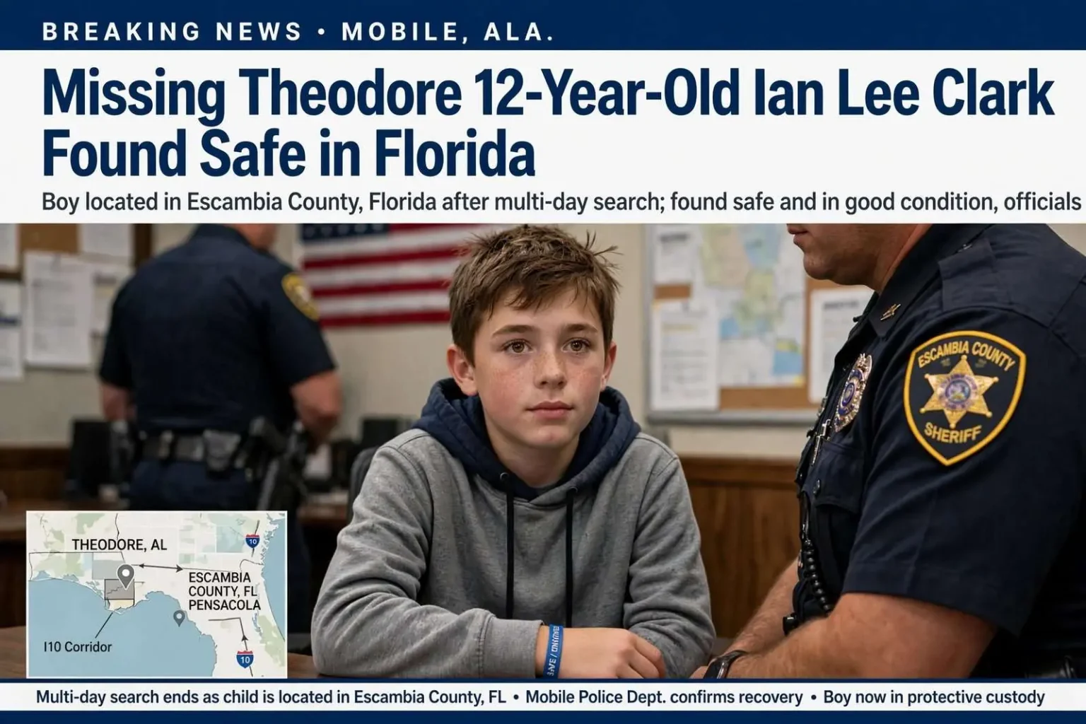 Illustration for the news story: Missing Theodore 12-Year-Old Ian Lee Clark Found Safe in Florida