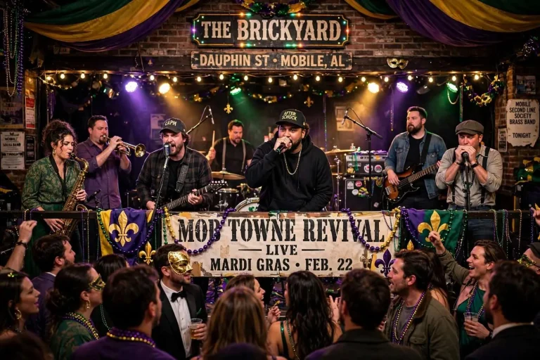 Illustration for the news story: Mobile band Mob Towne Revival rocks Mardi Gras at the Brickyard