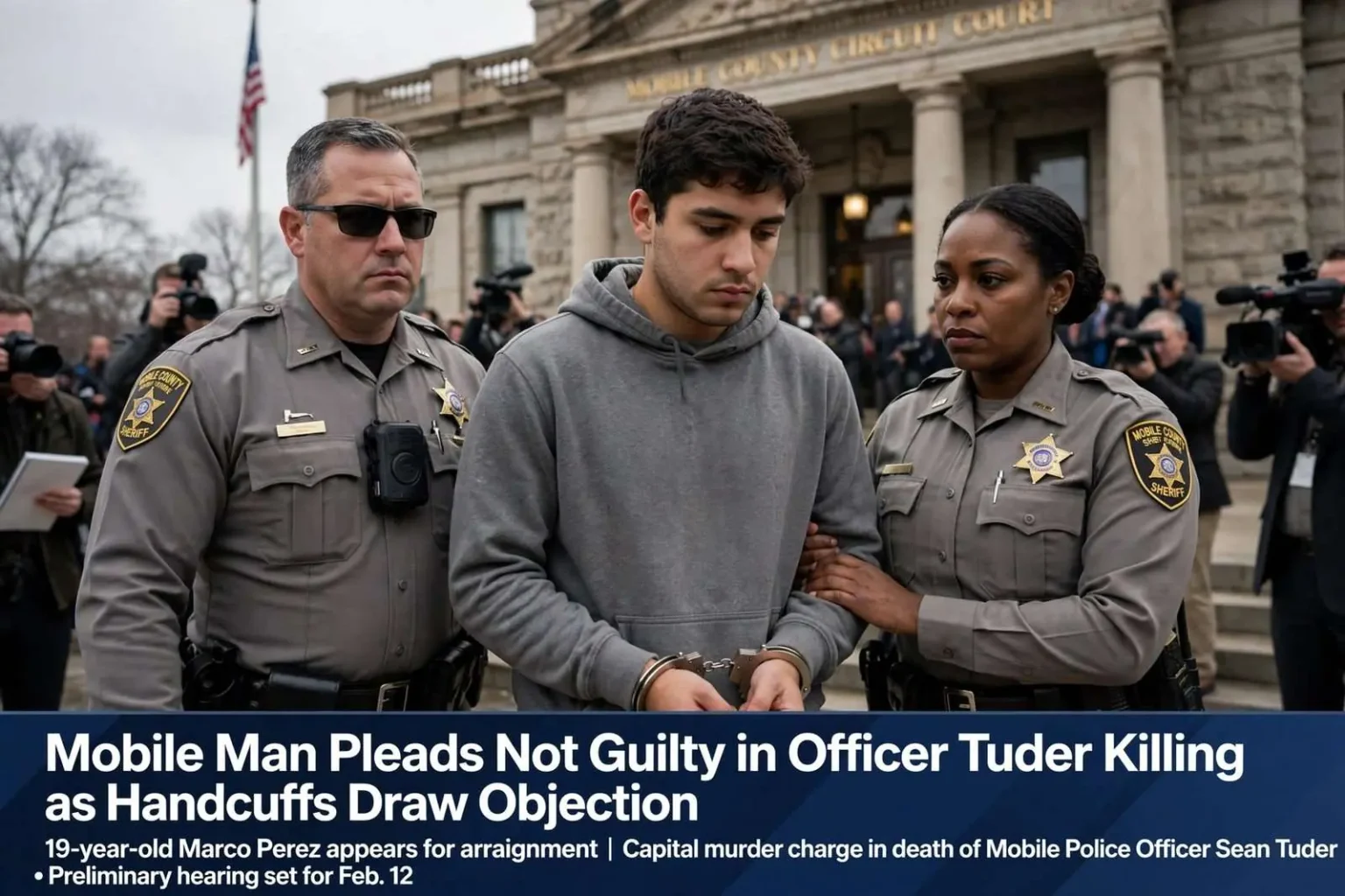 Illustration for the news story: Mobile Man Pleads Not Guilty in Officer Tuder Killing as Handcuffs Draw Objection