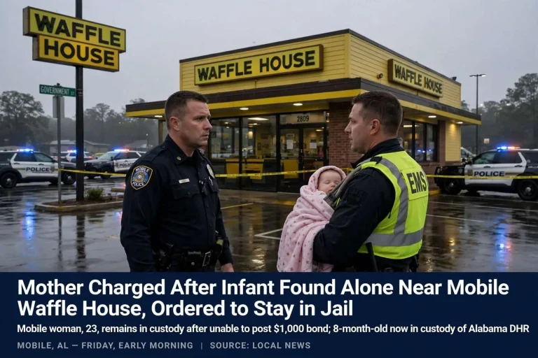 Illustration for the news story: Mother Charged After Infant Found Alone Near Mobile Waffle House Ordered to Stay in Jail