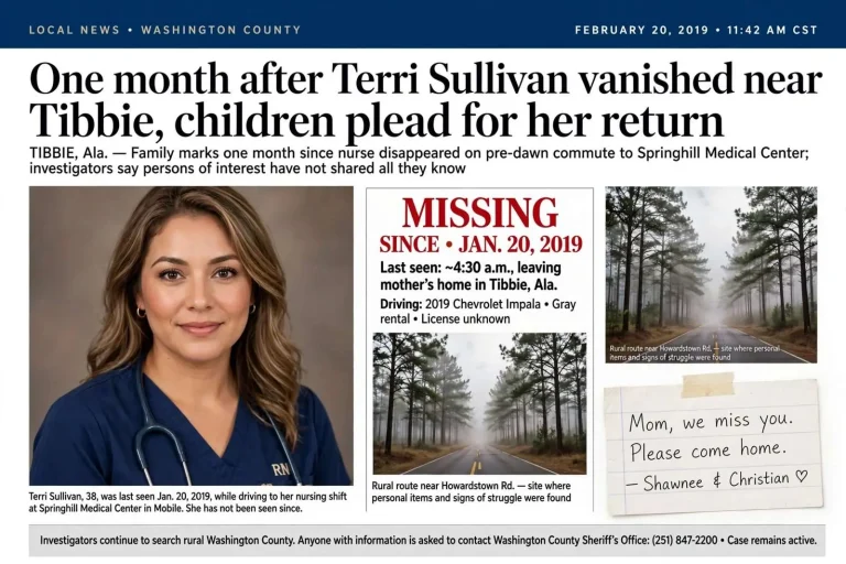 Illustration for the news story: One month after Terri Sullivan vanished near Tibbie, children plead for her return