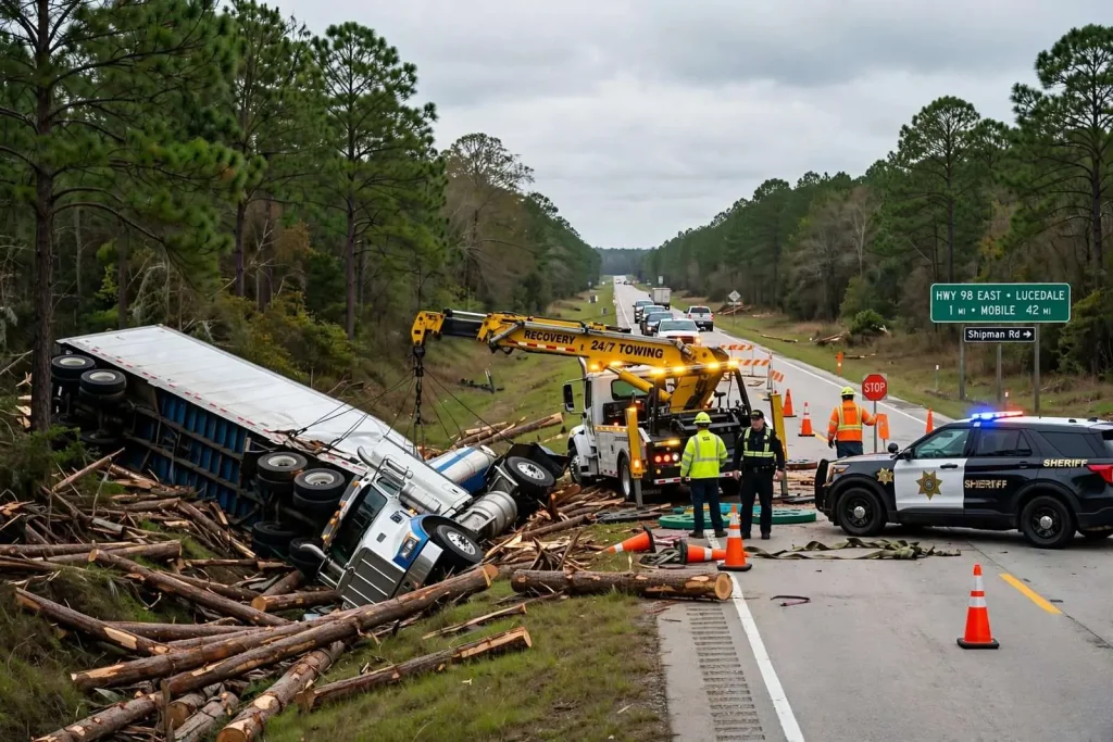 Illustration for the news story: Overturned 18-wheeler slows traffic on Highway 98 east of Lucedale