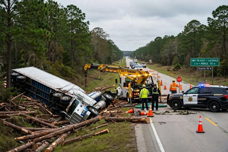 Illustration for the news story: Overturned 18-wheeler slows traffic on Highway 98 east of Lucedale
