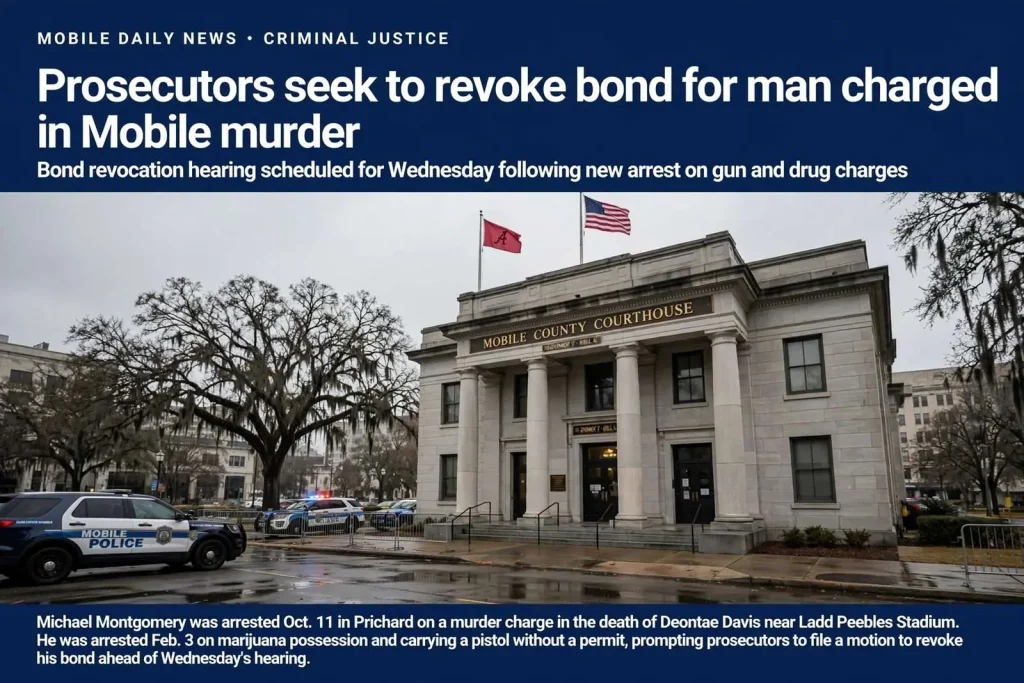Illustration for the news story: Prosecutors seek to revoke bond for man charged in Mobile murder