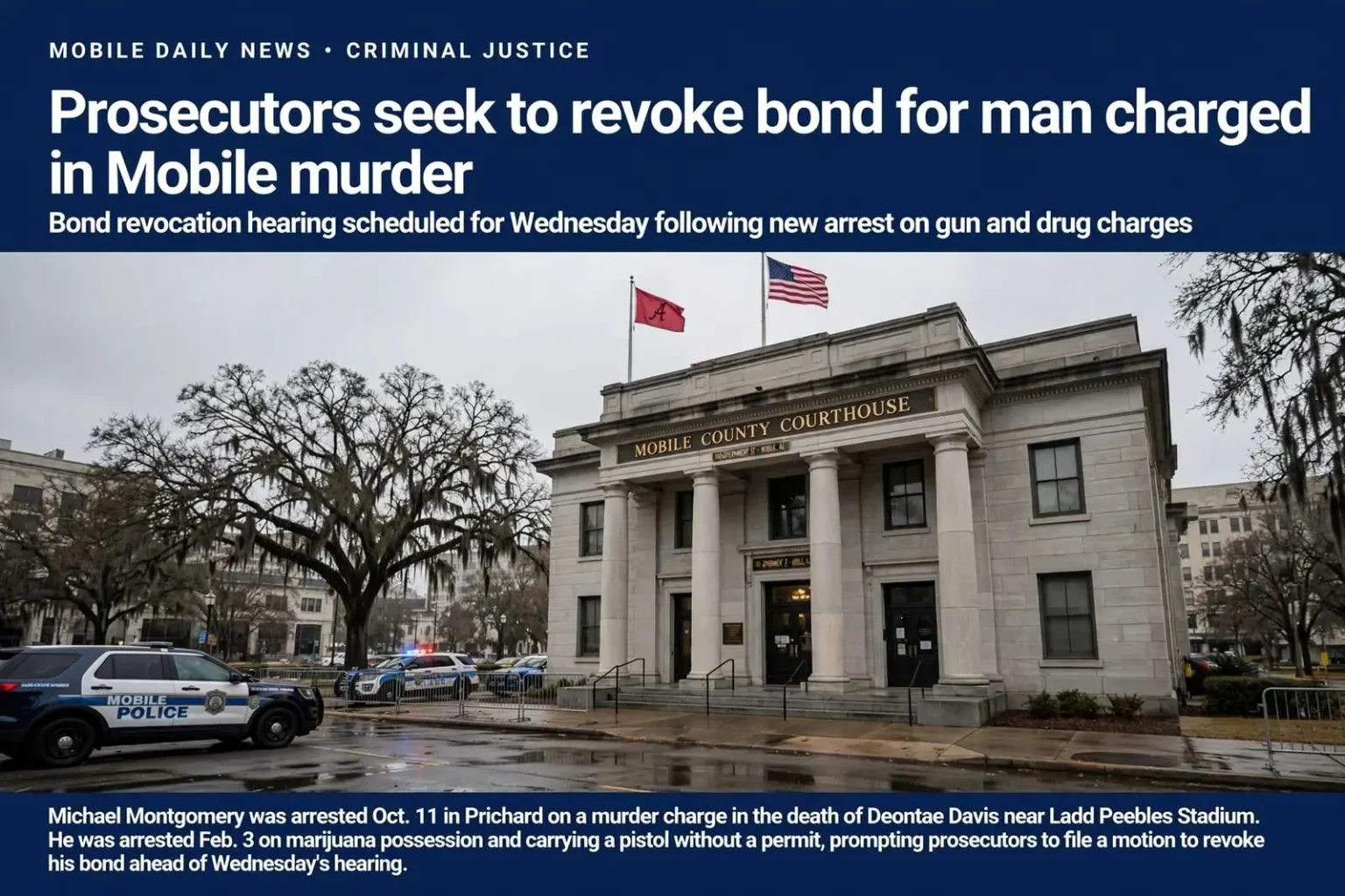 Illustration for the news story: Prosecutors seek to revoke bond for man charged in Mobile murder