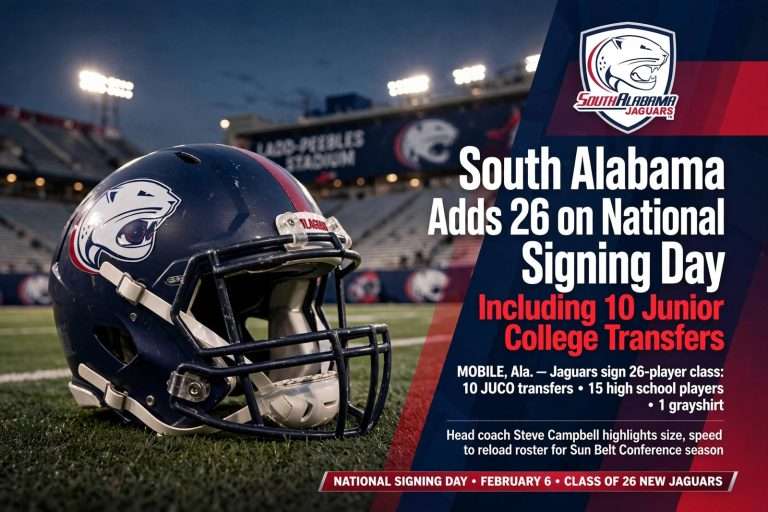 Illustration for the news story: South Alabama Adds 26 on National Signing Day, Including 10 Junior College Transfers