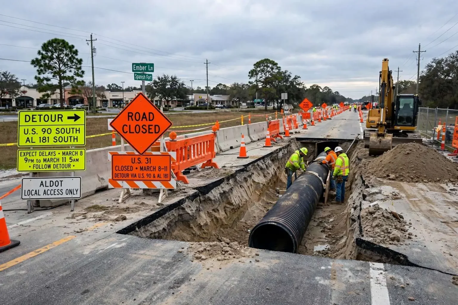 Illustration for the news story: Weekend Detour Set for U.S. 31 in Spanish Fort as Crews Install Drainage Line