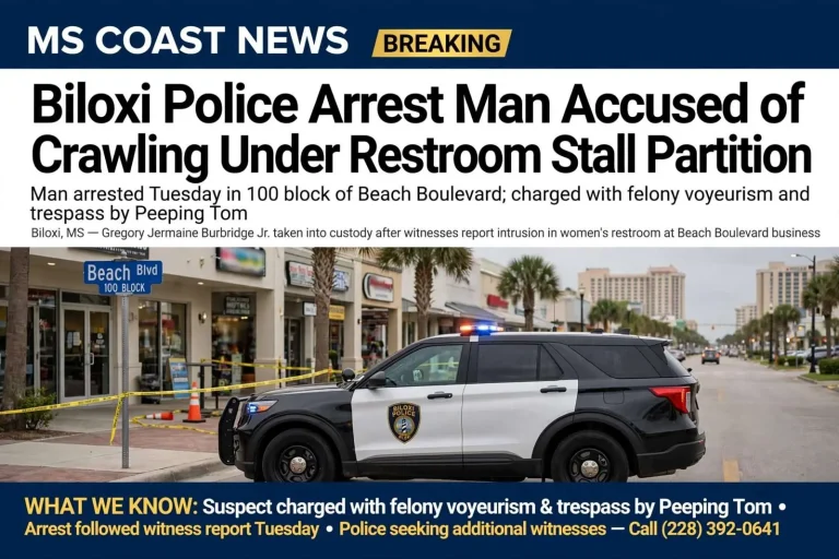 Illustration for the news story: Biloxi Police Arrest Man Accused of Crawling Under Restroom Stall Partition