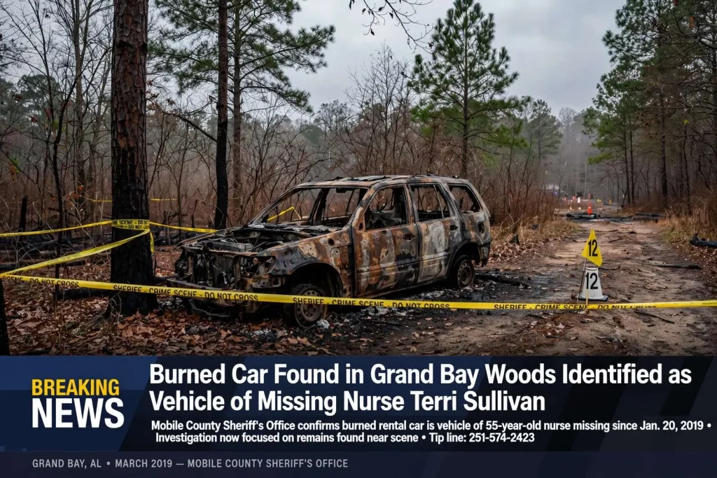Illustration for the news story: Burned Car Found in Grand Bay Woods Identified as Vehicle of Missing Nurse Terri Sullivan