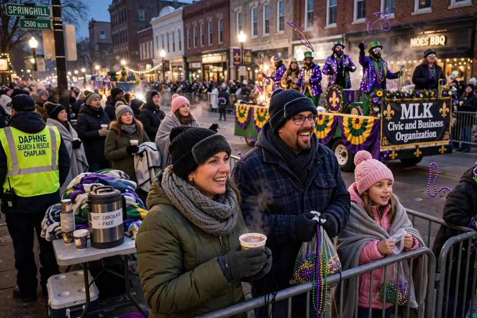 Illustration for the news story: Cold Temperatures Fail to Dampen Spirits at Mobile Lundi Gras Parades