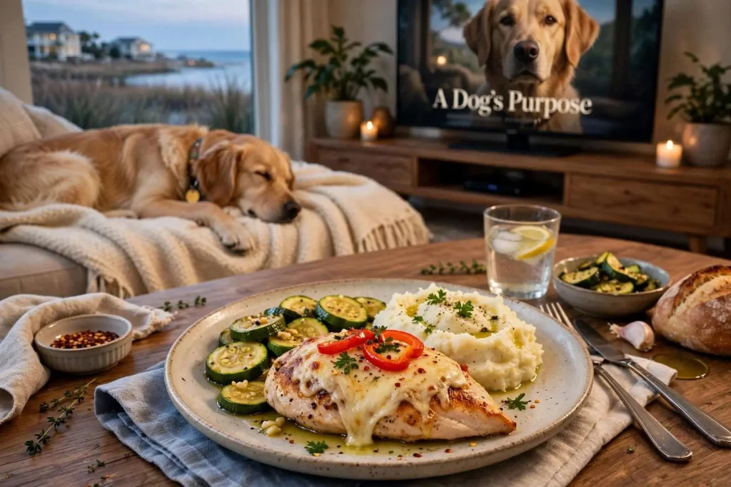 Illustration for the news story: Dinner and a Movie: Fontina Chicken With Zucchini and the Family Film ‘A Dog’s Purpose’