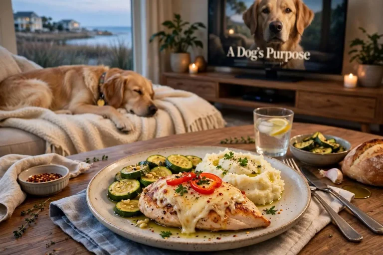 Illustration for the news story: Dinner and a Movie: Fontina Chicken With Zucchini and the Family Film ‘A Dog’s Purpose’