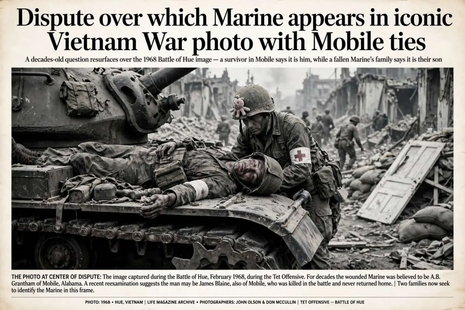 Illustration for the news story: Dispute over which Marine appears in iconic Vietnam War photo with Mobile ties