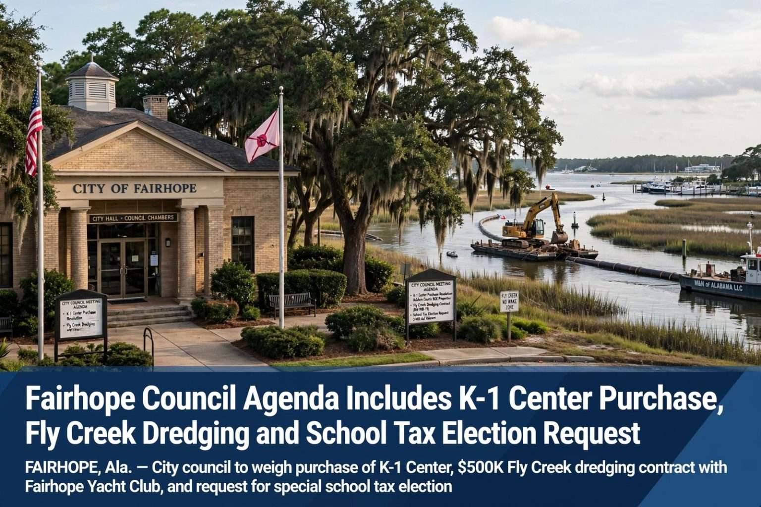 Illustration for the news story: Fairhope Council Agenda Includes K-1 Center Purchase, Fly Creek Dredging and School Tax Election Request