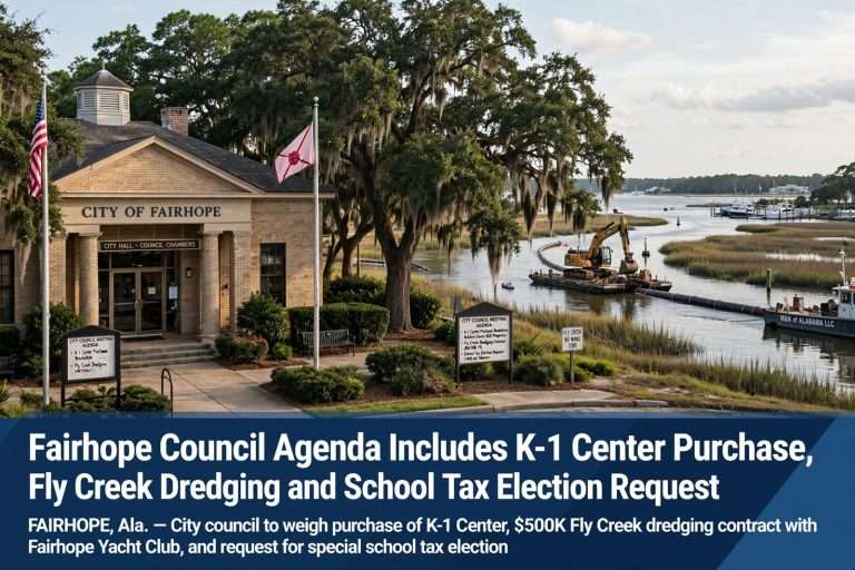 Illustration for the news story: Fairhope Council Agenda Includes K-1 Center Purchase, Fly Creek Dredging and School Tax Election Request