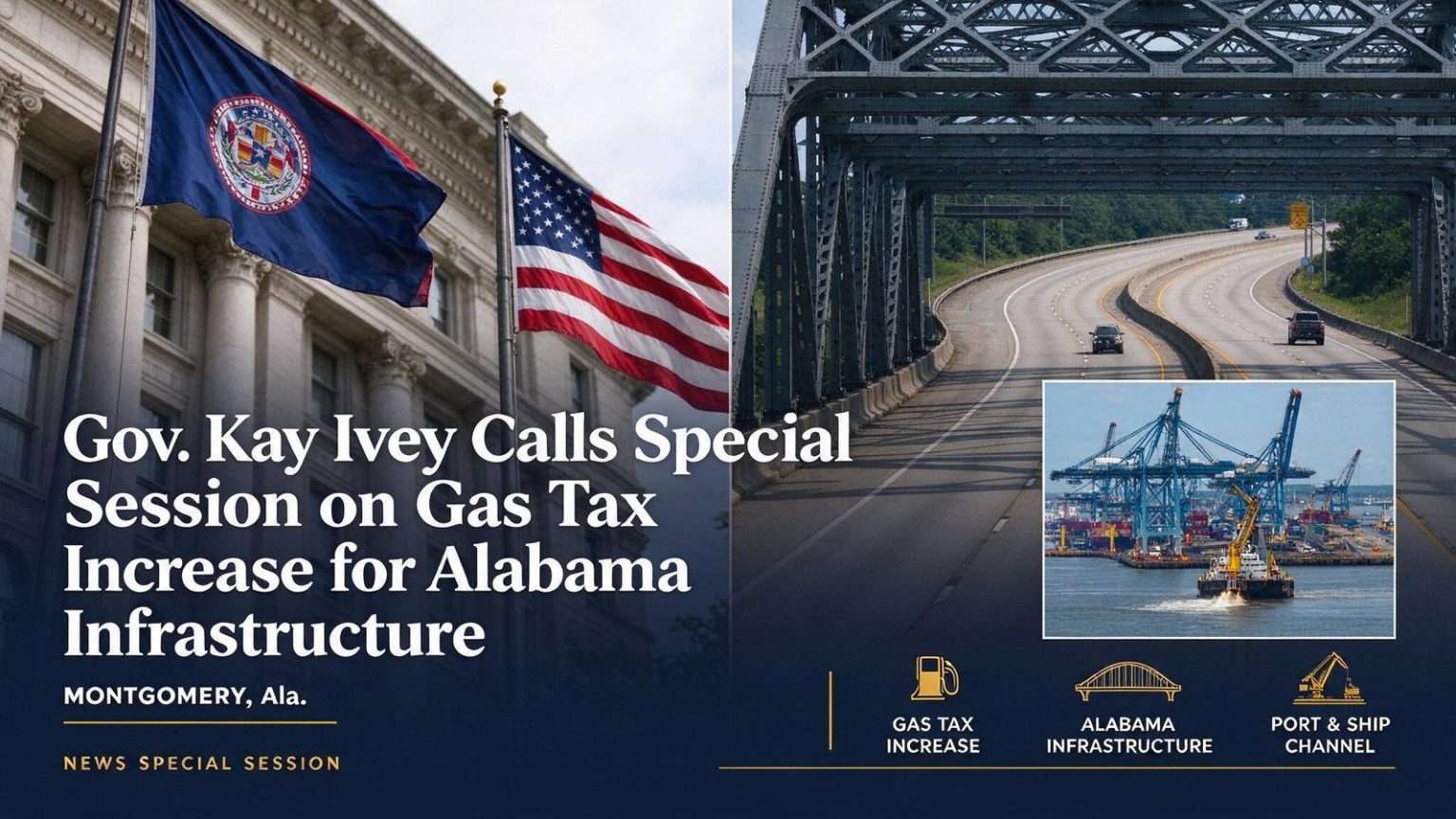 Illustration for the news story: Gov. Kay Ivey Calls Special Session on Gas Tax Increase for Alabama Infrastructure