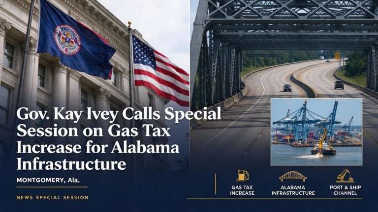 Illustration for the news story: Gov. Kay Ivey Calls Special Session on Gas Tax Increase for Alabama Infrastructure