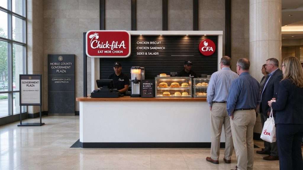 Illustration for the news story: Mobile County Approves Trial Chick-fil-A Food Counter Inside Government Plaza