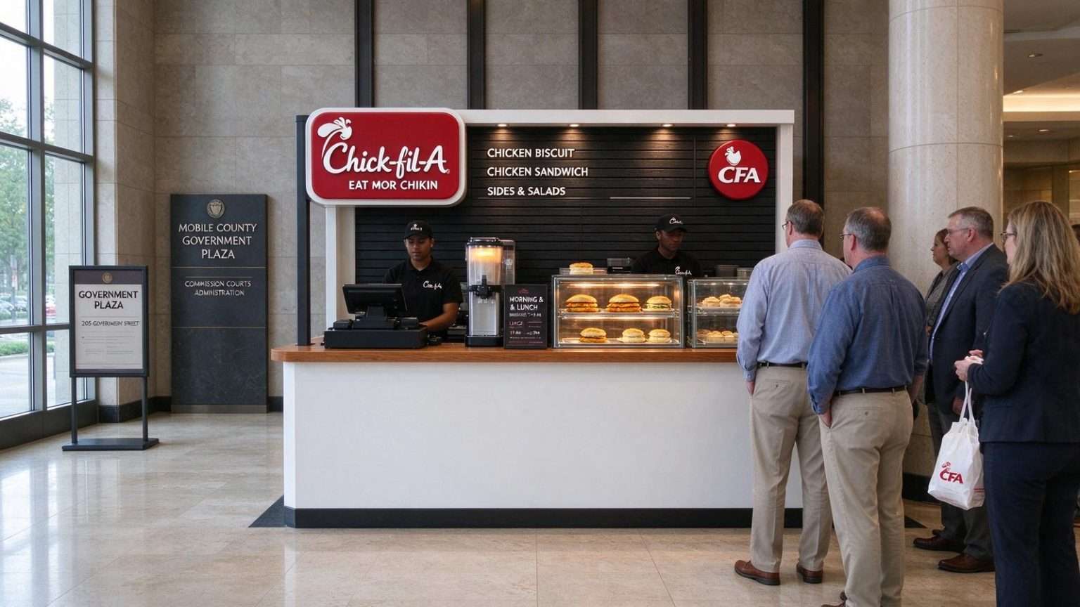 Illustration for the news story: Mobile County Approves Trial Chick-fil-A Food Counter Inside Government Plaza