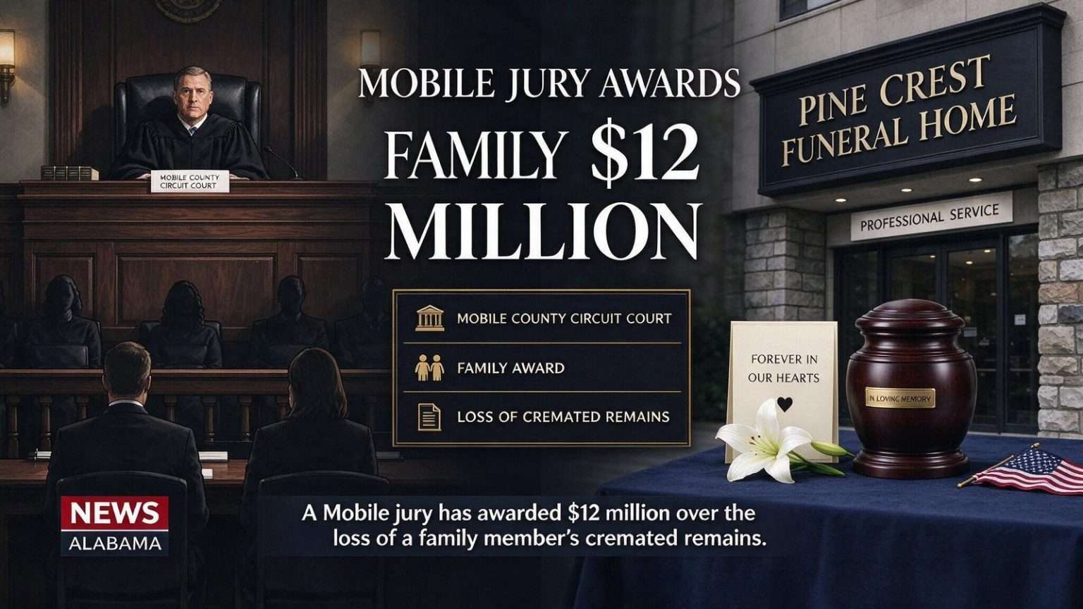 Illustration for the news story: Mobile Jury Awards Family $12 Million Over Funeral Home’s Loss of Cremated Remains