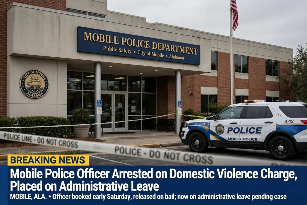 Illustration for the news story: Mobile Police Officer Arrested on Domestic Violence Charge, Placed on Administrative Leave