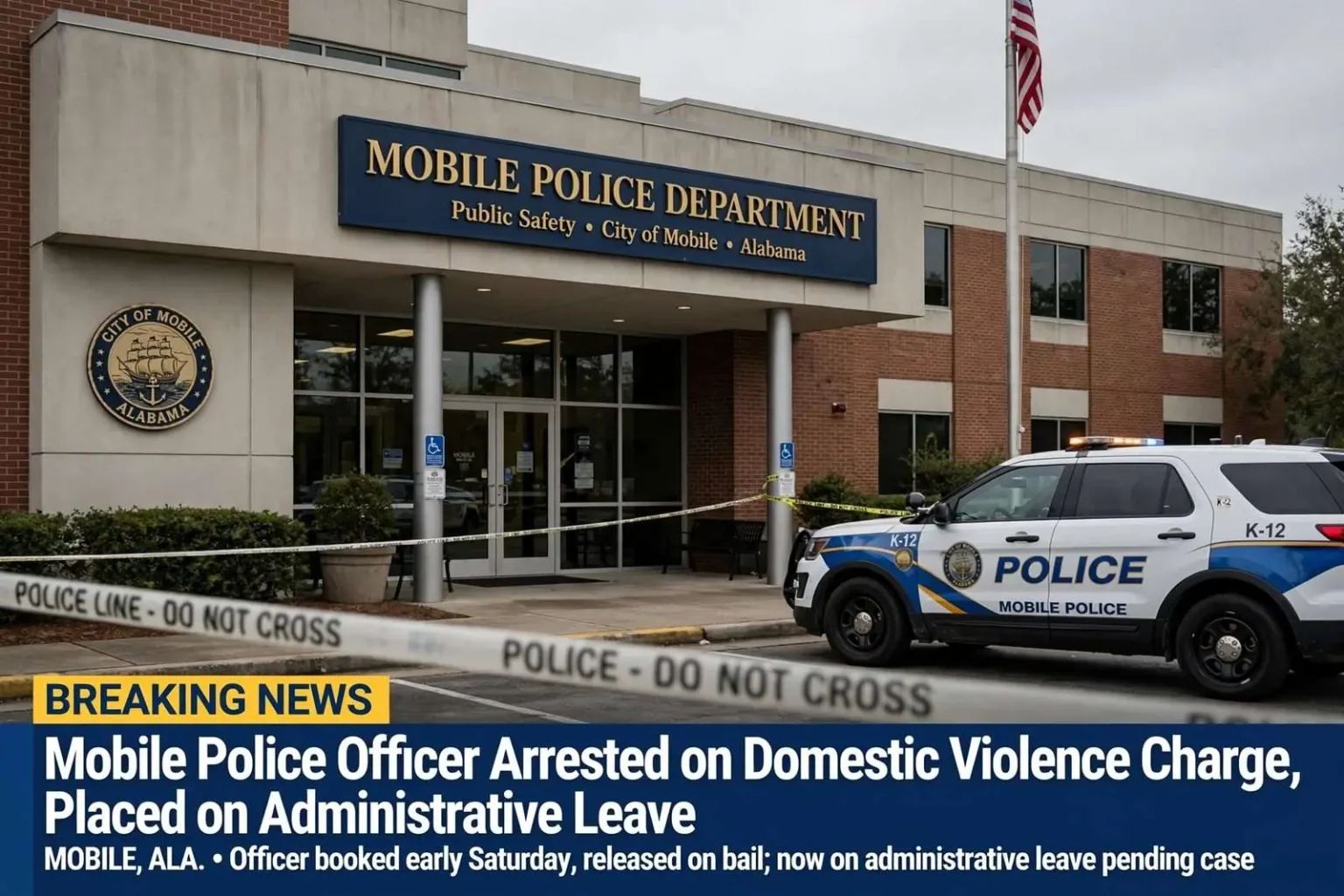 Illustration for the news story: Mobile Police Officer Arrested on Domestic Violence Charge, Placed on Administrative Leave