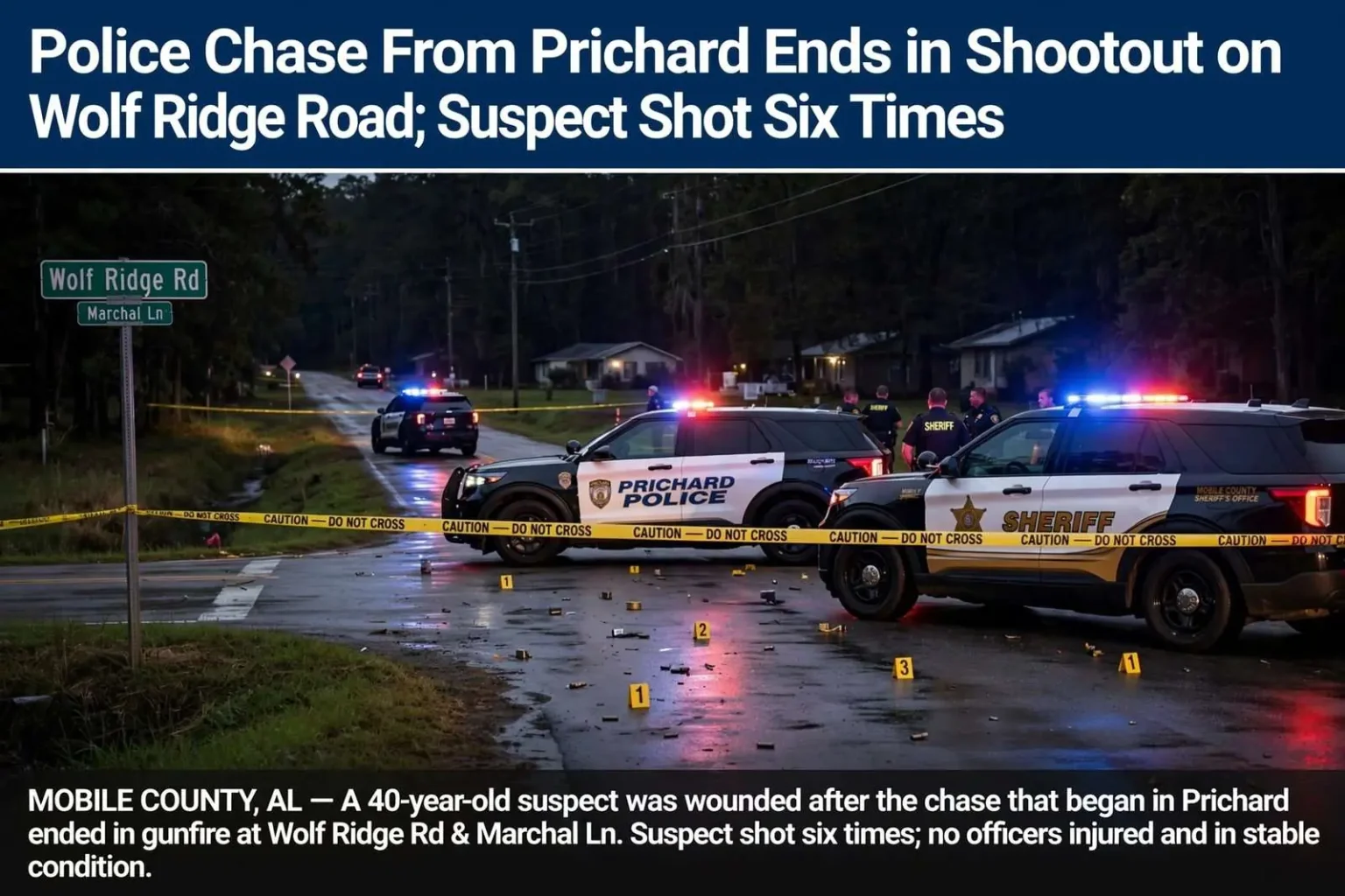 Illustration for the news story: Police Chase From Prichard Ends in Shootout on Wolf Ridge Road; Suspect Shot Six Times