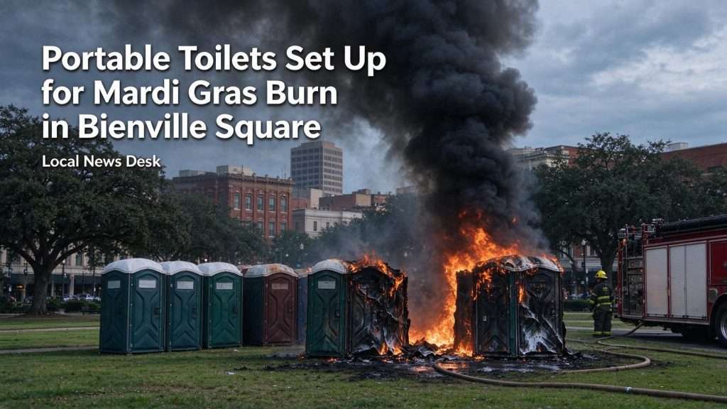 Illustration for the news story: Portable Toilets Set Up for Mardi Gras Burn in Bienville Square